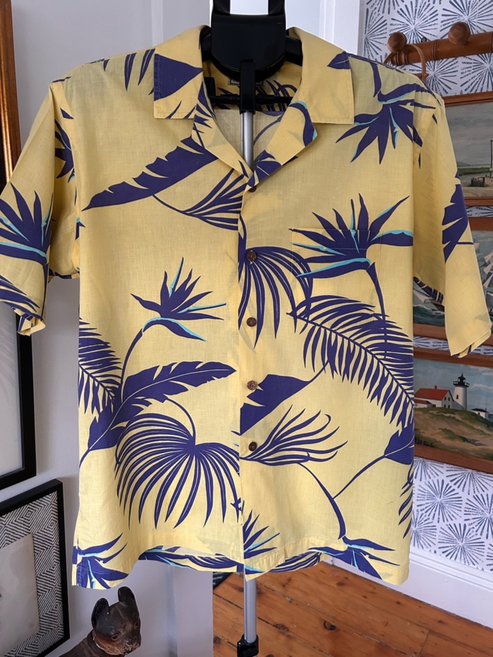 Vintage LL Bean Men's Yellow Tropical Print Short-Sleeve Camp Shirt Size Large